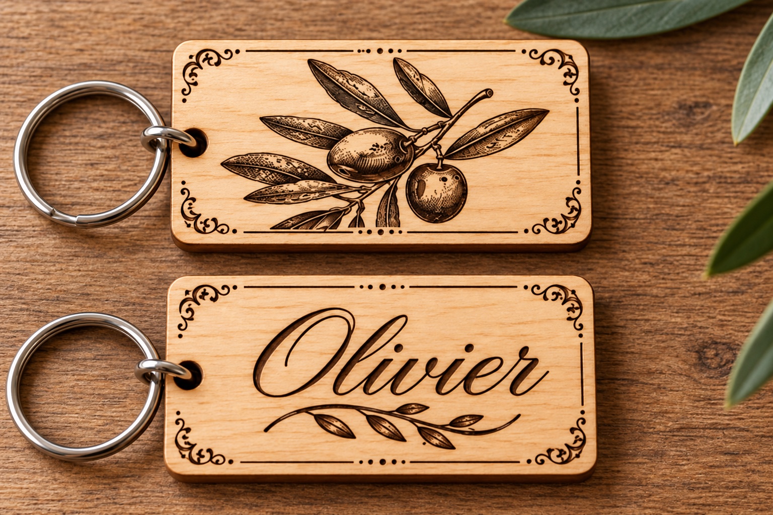 Deux porte-clés en bois assortis, décor olive et prénom Olivier