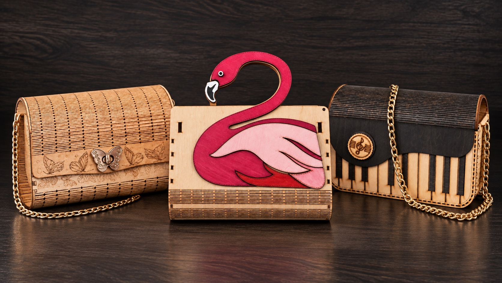Laser-engraved wooden bags