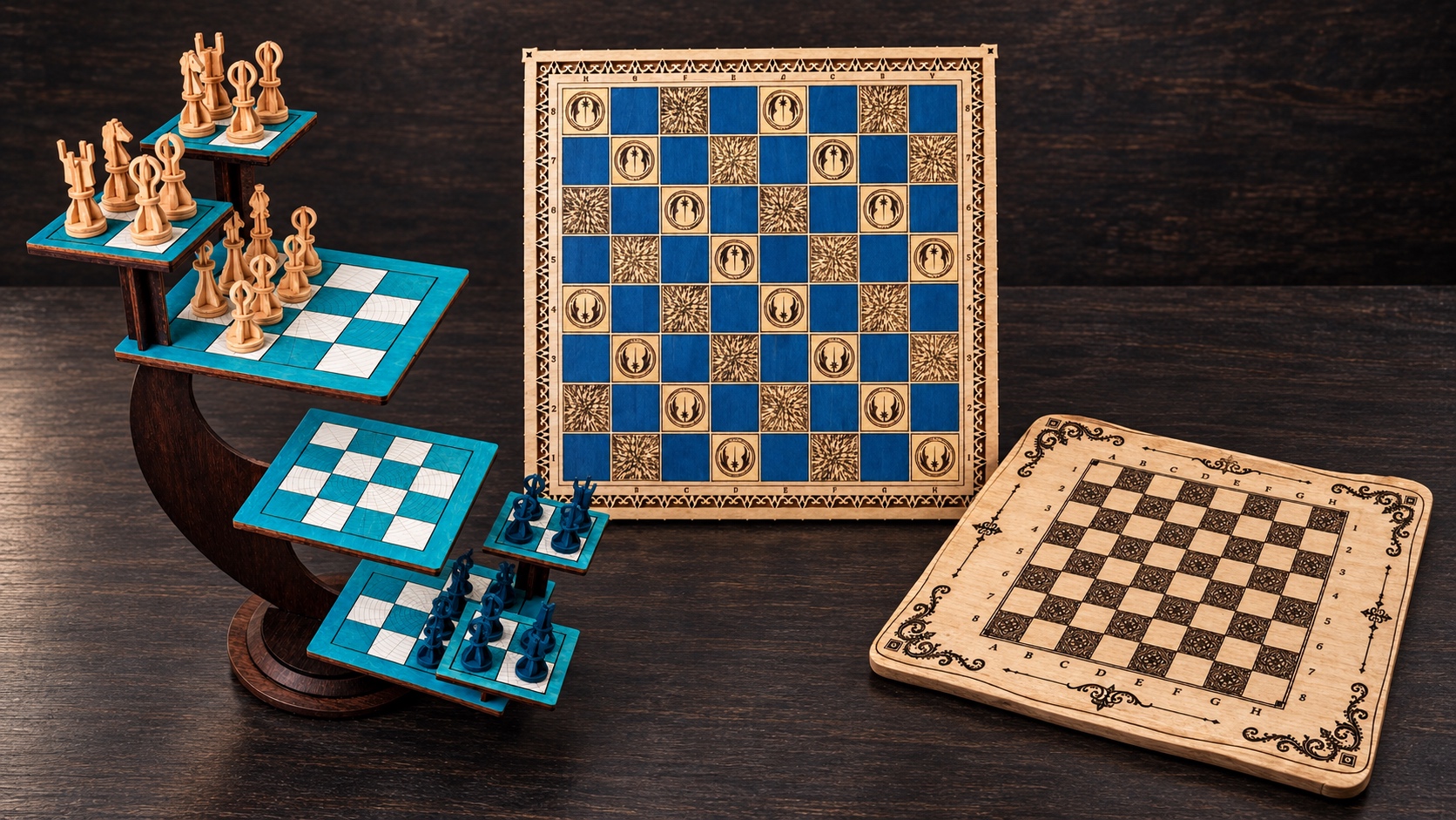 Collection of handmade wooden chessboards