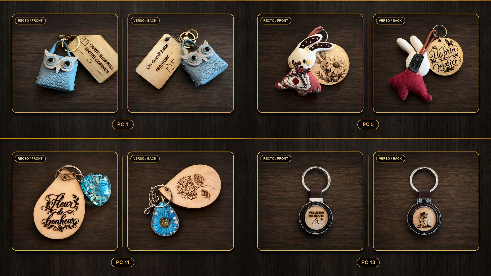 Collection of handmade keyrings and bag charms on dark backgrounds