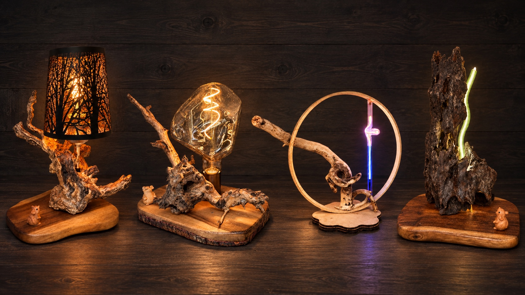 Collection of unique reclaimed-wood lamps