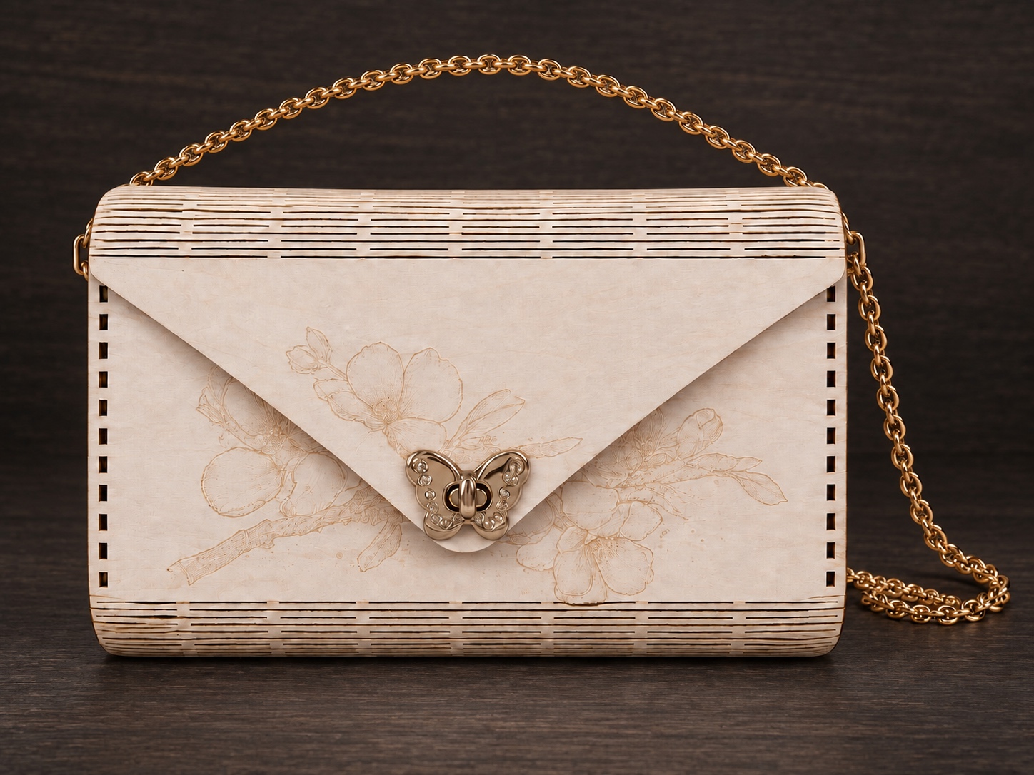 Référence SB 8a — Sac enveloppe floral à chaîne dorée — fabriqué à la main