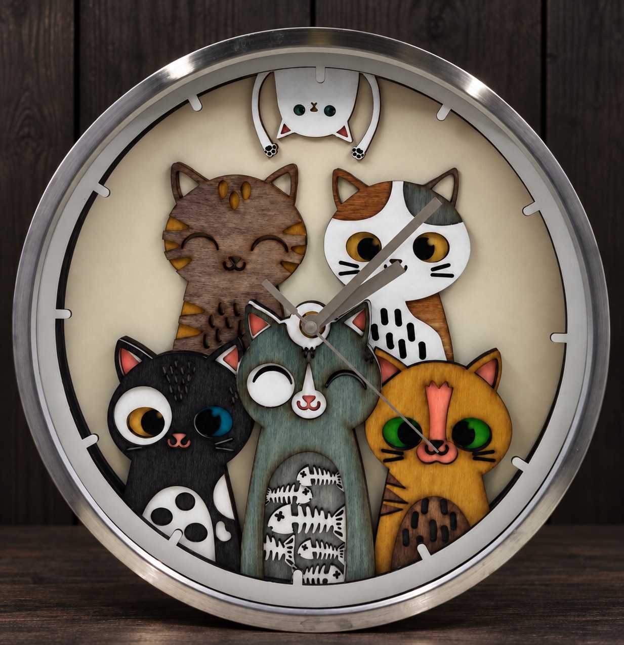 Référence HO 5 — horloge ronde en bois avec cinq chats colorés et un petit chat en haut sur fond studio sombre