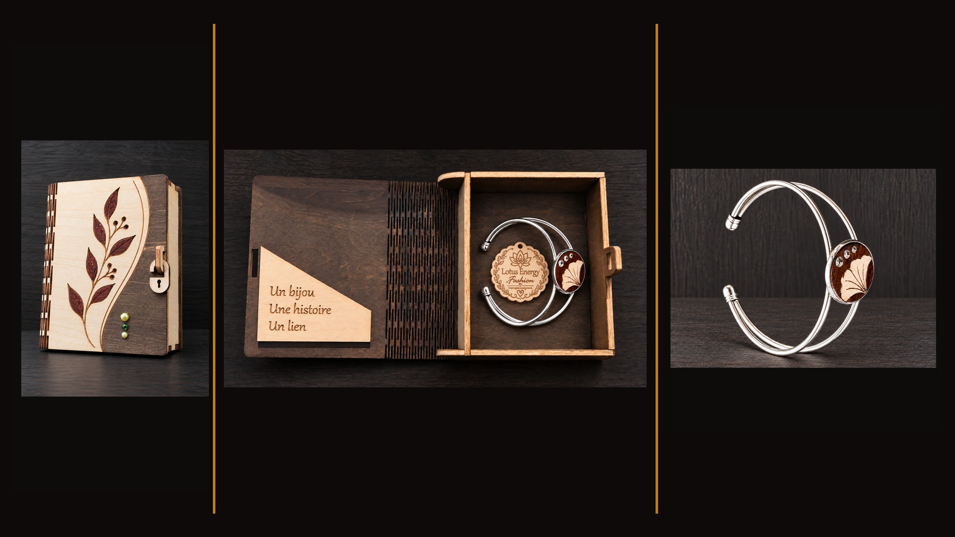 Référence BI 1 — bracelet feuille de ginkgo avec coffret de présentation artisanal, trois vues