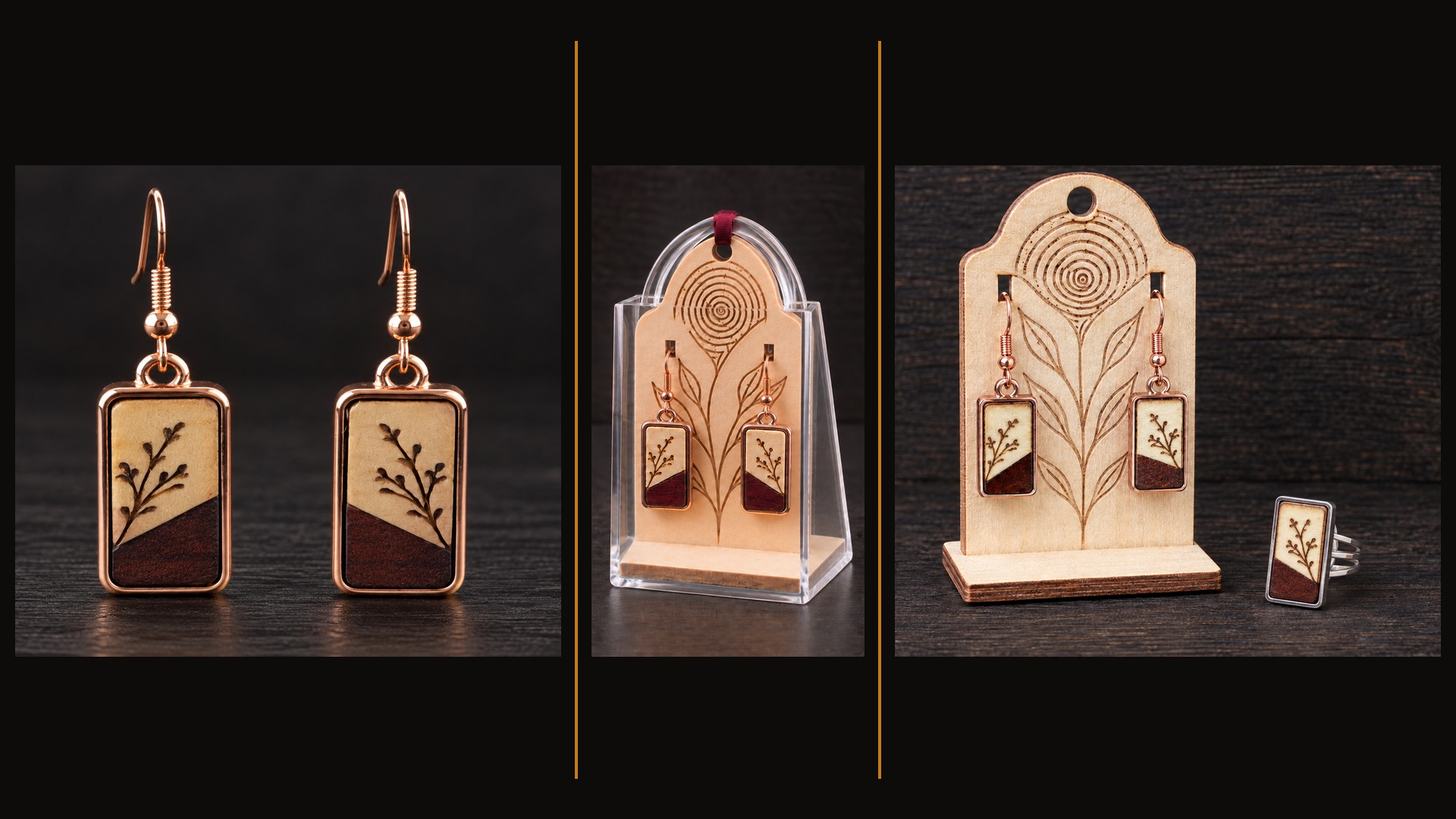 Référence BI 3 — boucles d’oreilles botaniques seules, dans leur coffret de présentation en Perspex et avec la bague assortie en option