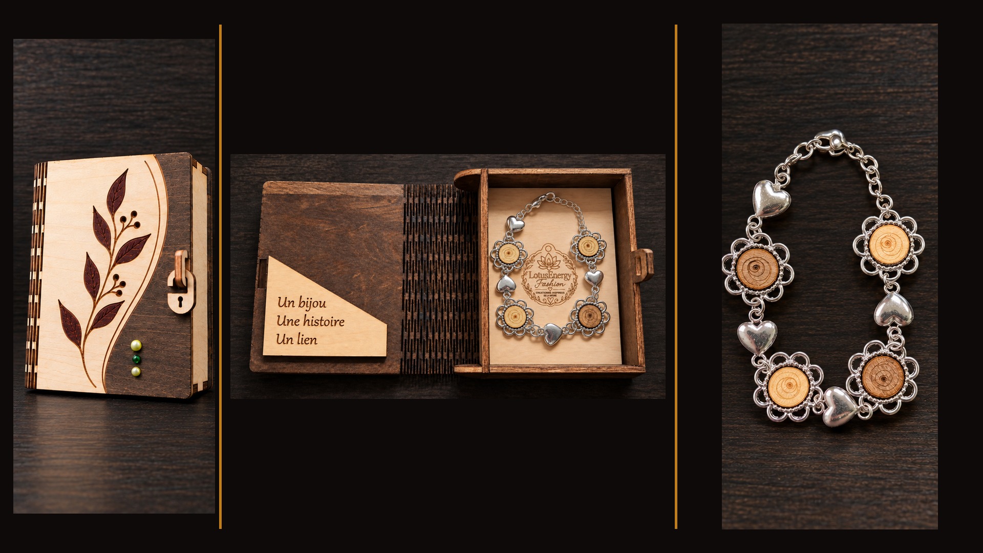 Référence BI 4 — bracelet argenté à cœurs et quatre médaillons en bois, avec son coffret artisanal à intérieur clair, présenté en trois vues