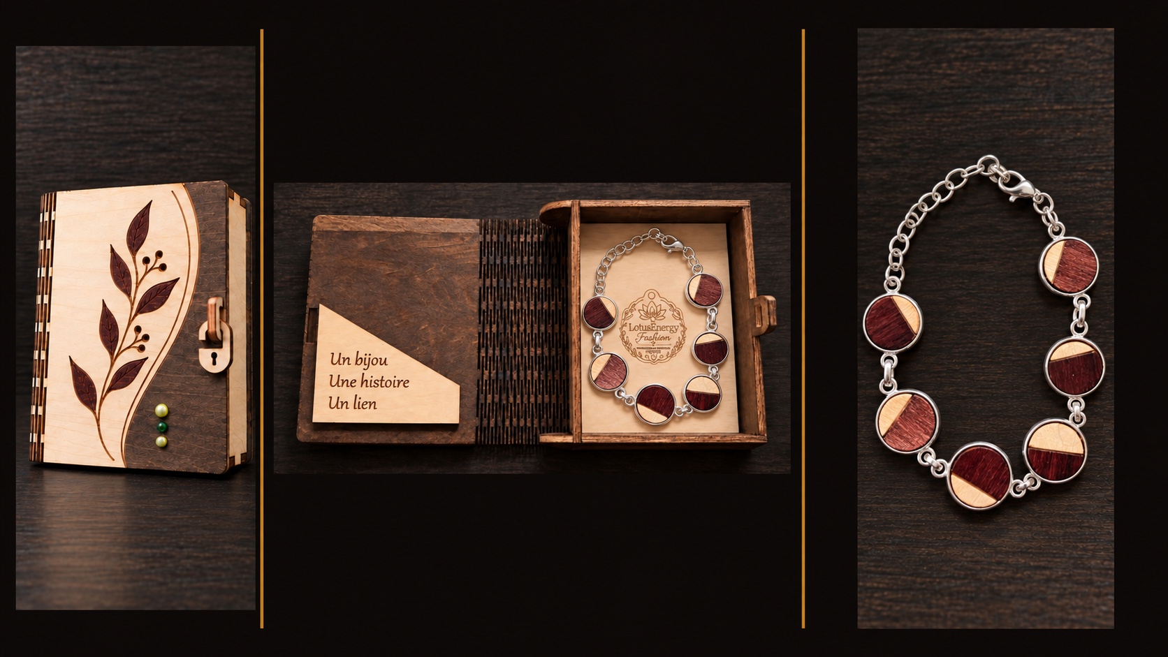 Référence BI 5 — bracelet argenté à six médaillons ronds en bois bicolore avec coffret artisanal à intérieur clair, présenté en trois vues