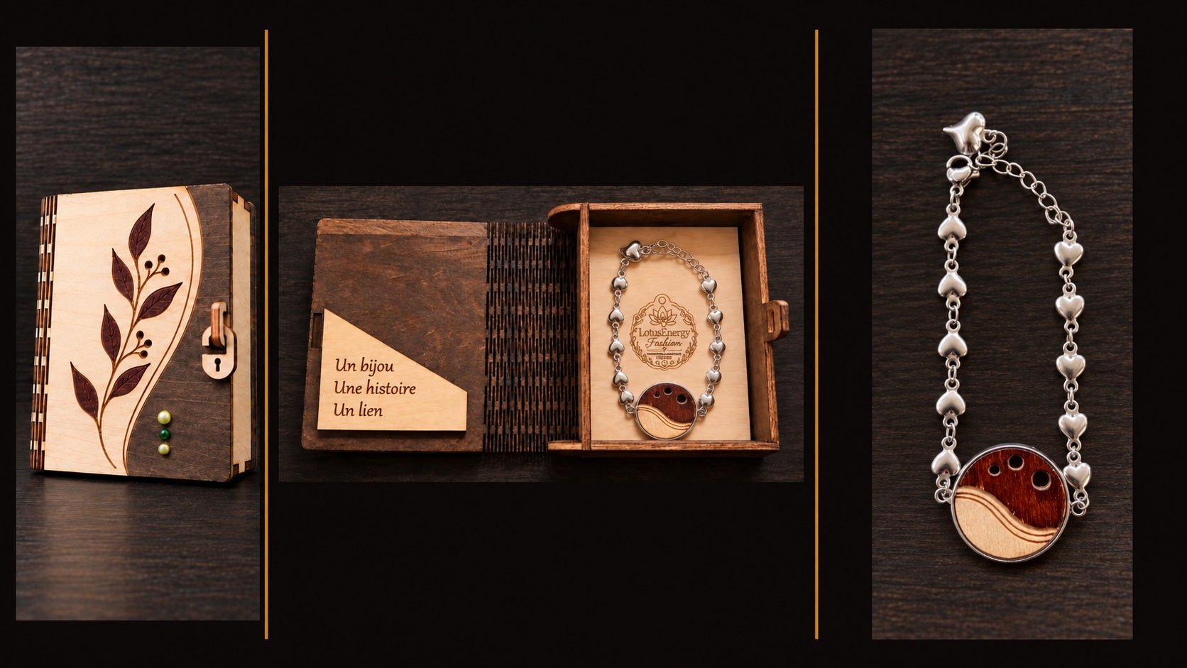 Référence BI 6 — bracelet argenté à maillons cœur et grand médaillon en bois avec coffret artisanal à intérieur clair, présenté en trois vues