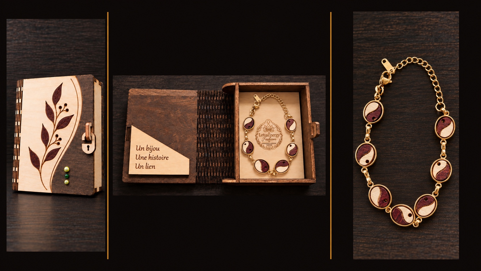 Référence BI 7 — bracelet doré à sept médaillons ovales en bois bicolore avec coffret artisanal à intérieur clair, présenté en trois vues