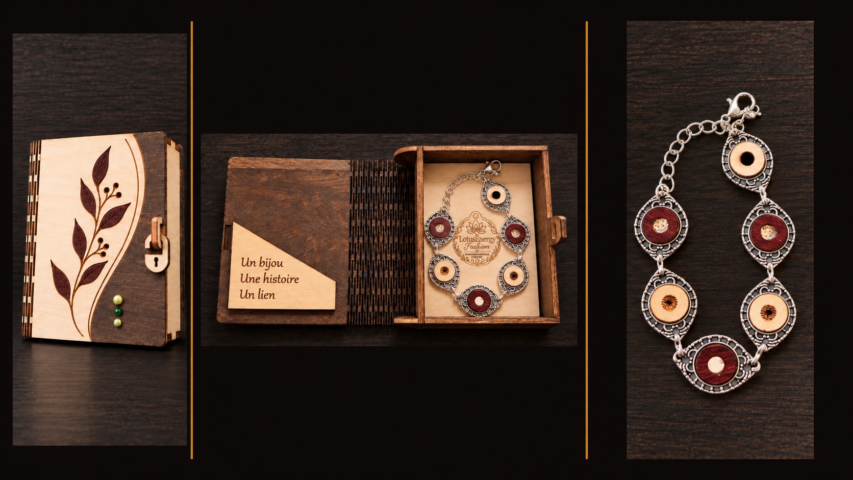Référence BI 11 — bracelet argenté à six médaillons ouvragés en bois naturel avec coffret artisanal à intérieur clair, présenté en trois vues