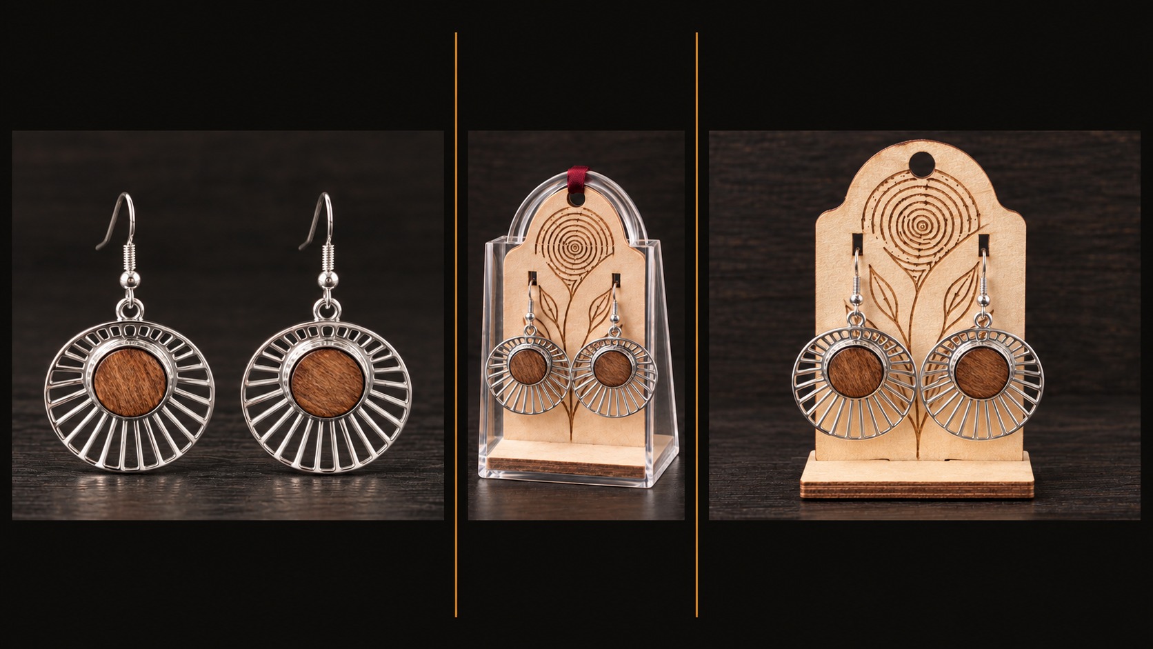 Référence BI 12 — boucles d’oreilles argentées en éventail avec centres ronds en bois naturel, présentées en trois vues