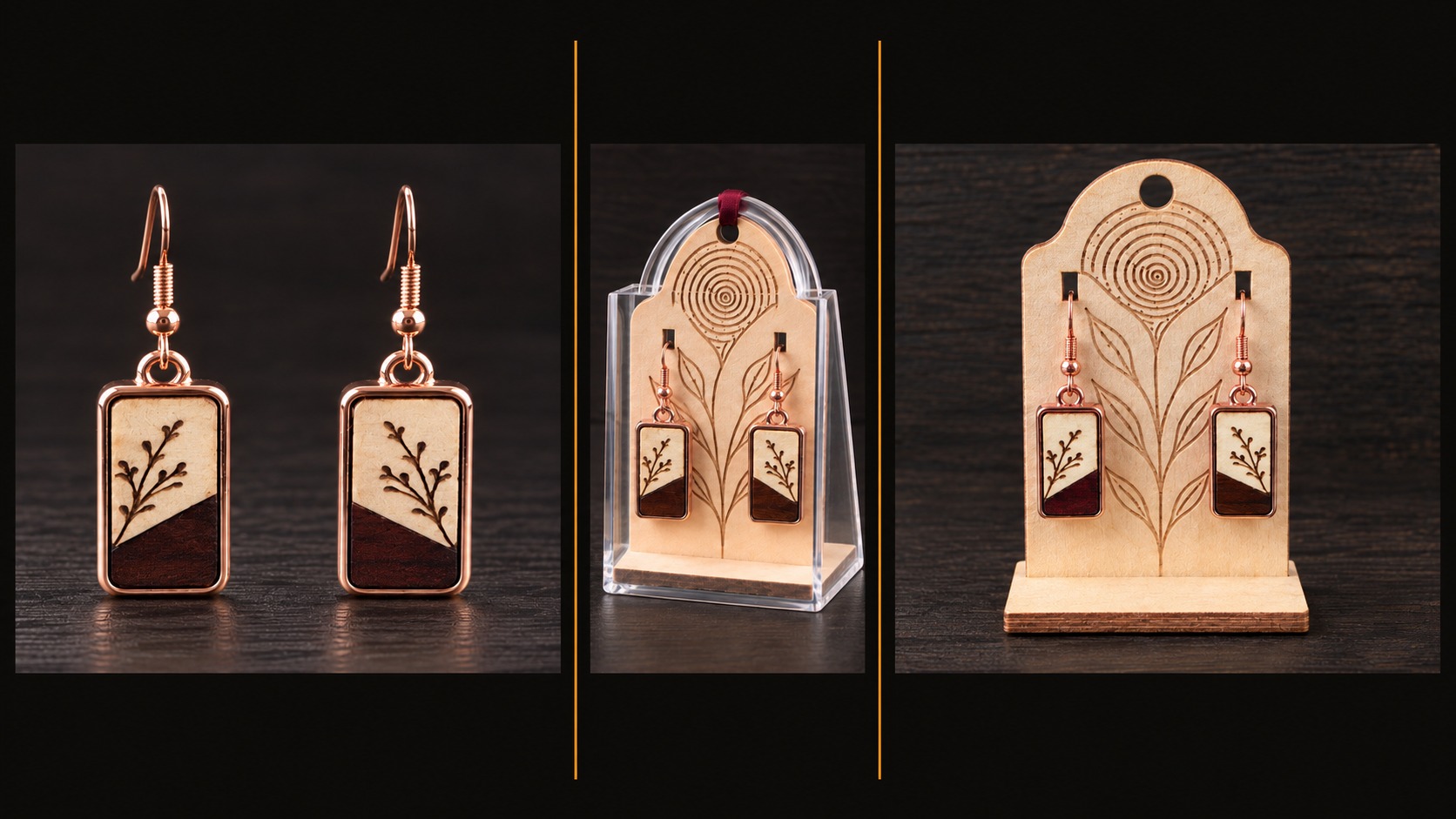 Référence BI 13 — boucles d’oreilles botaniques couleur or rose en bois bicolore, présentées en trois vues