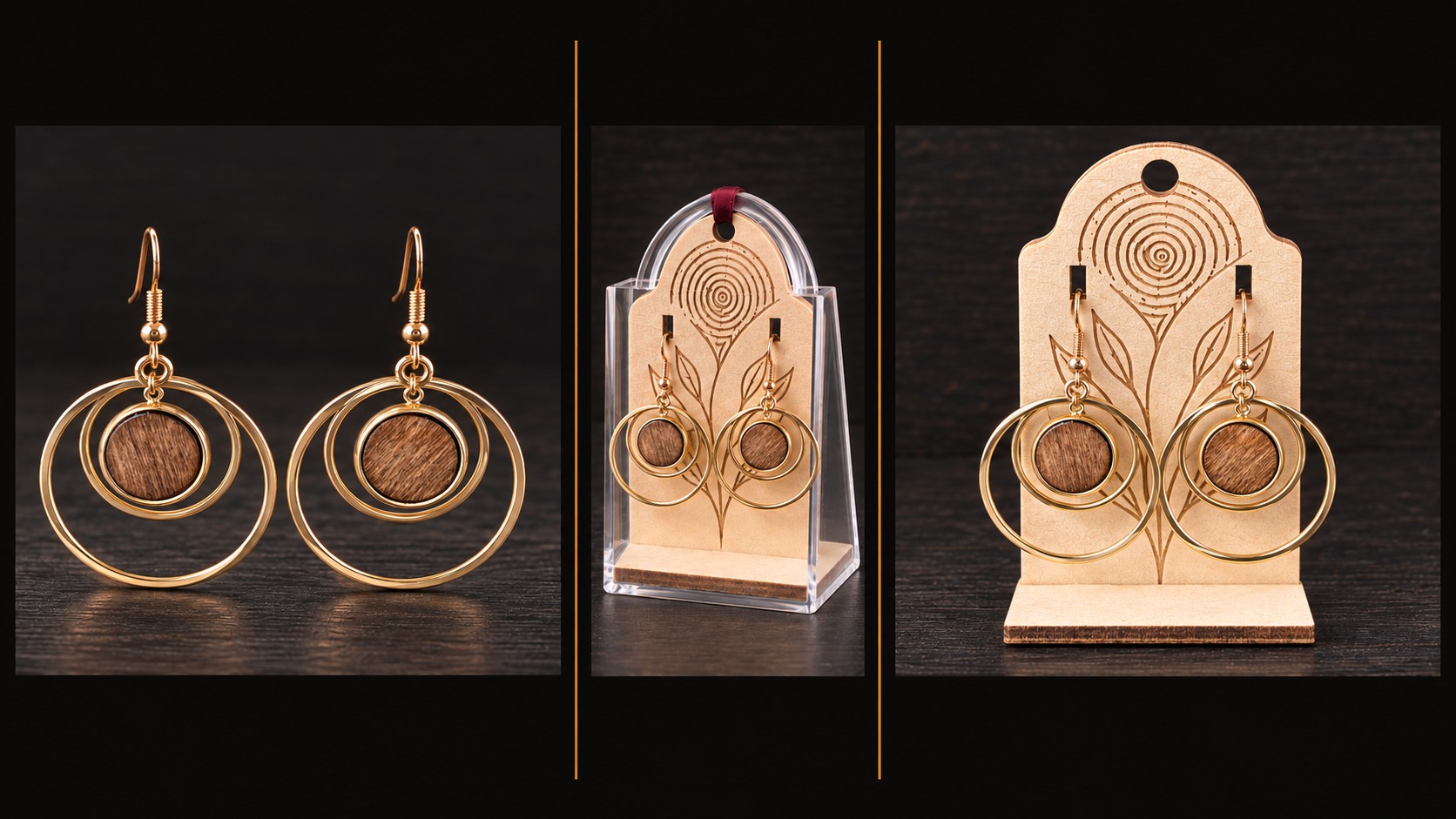 Référence BI 15 — boucles d’oreilles dorées à doubles anneaux et centres ronds en bois, présentées en trois vues