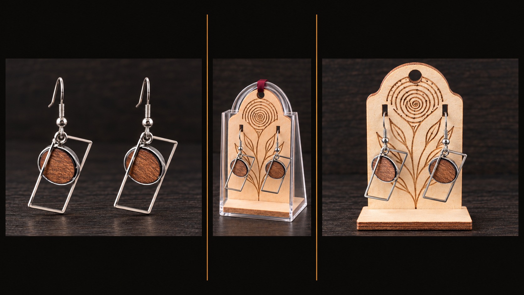 Référence BI 16 — boucles d’oreilles argentées géométriques avec médaillons ronds en bois, présentées en trois vues
