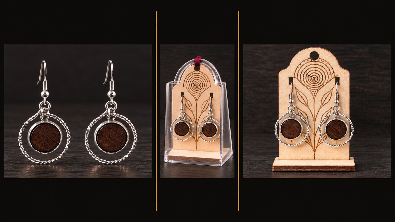 Référence BI 17 — boucles d’oreilles argentées à anneaux torsadés et centres en bois naturel, présentées en trois vues