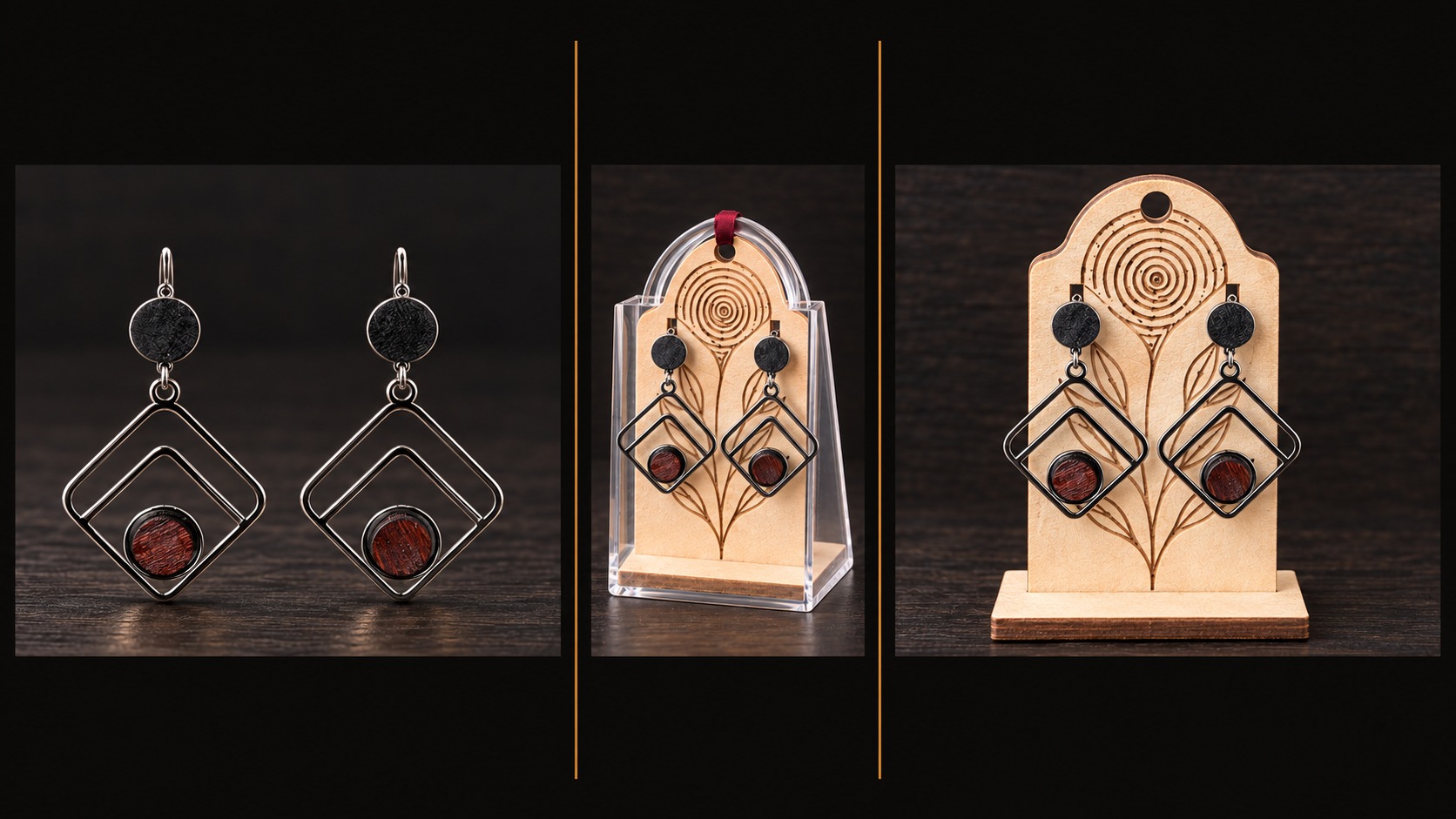 Référence BI 18 — boucles d’oreilles noires en doubles losanges avec médaillons en bois rouge, présentées en trois vues
