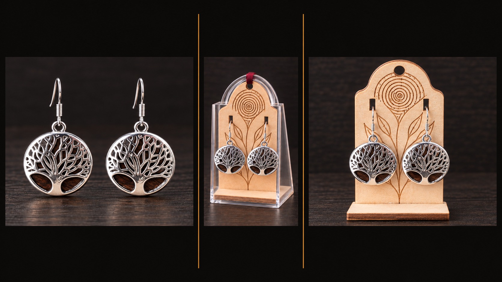 Référence BI 19 — boucles d’oreilles argentées Arbre de vie avec bois naturel, présentées en trois vues