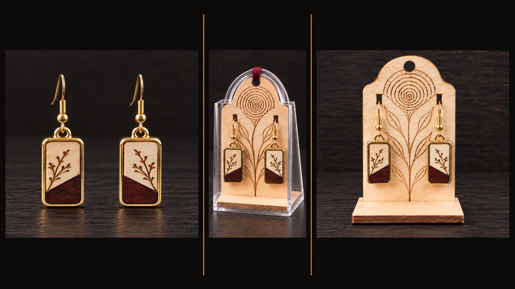 Référence BI 20 — boucles d’oreilles botaniques dorées en bois bicolore, présentées en trois vues