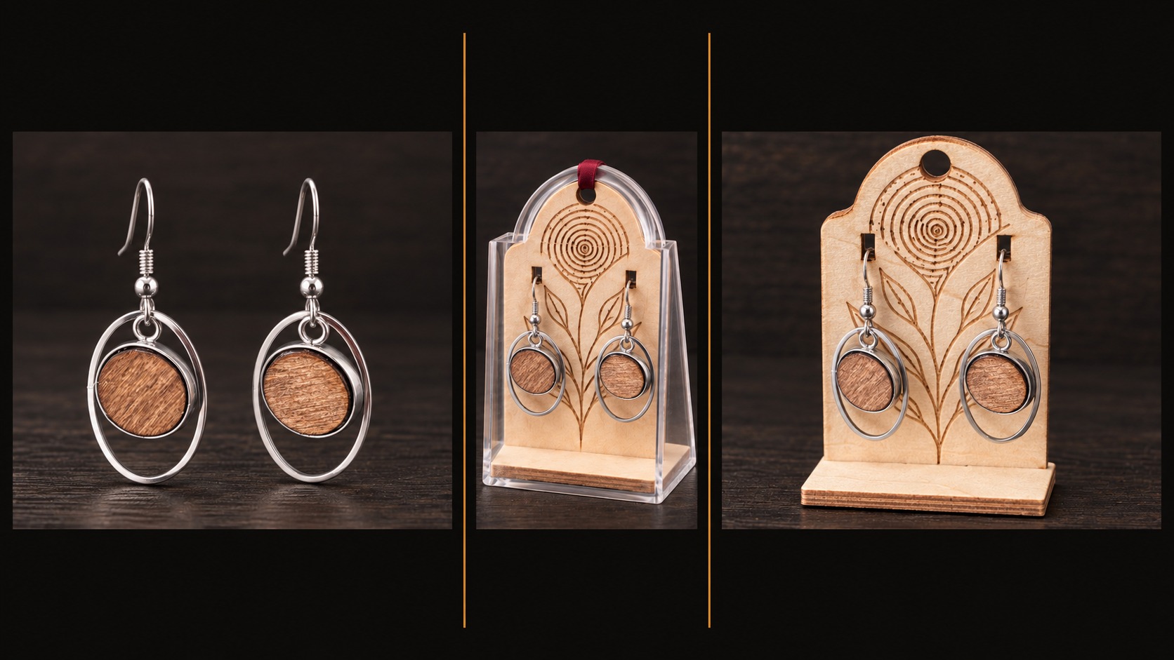 Référence BI 21 — boucles d’oreilles argentées à anneaux ovales et centres en bois naturel, présentées en trois vues