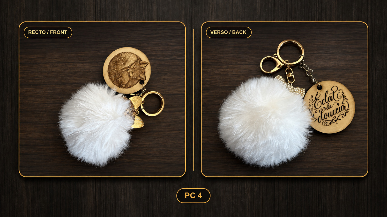Référence PC 4 — porte-clés pompon blanc, recto et verso