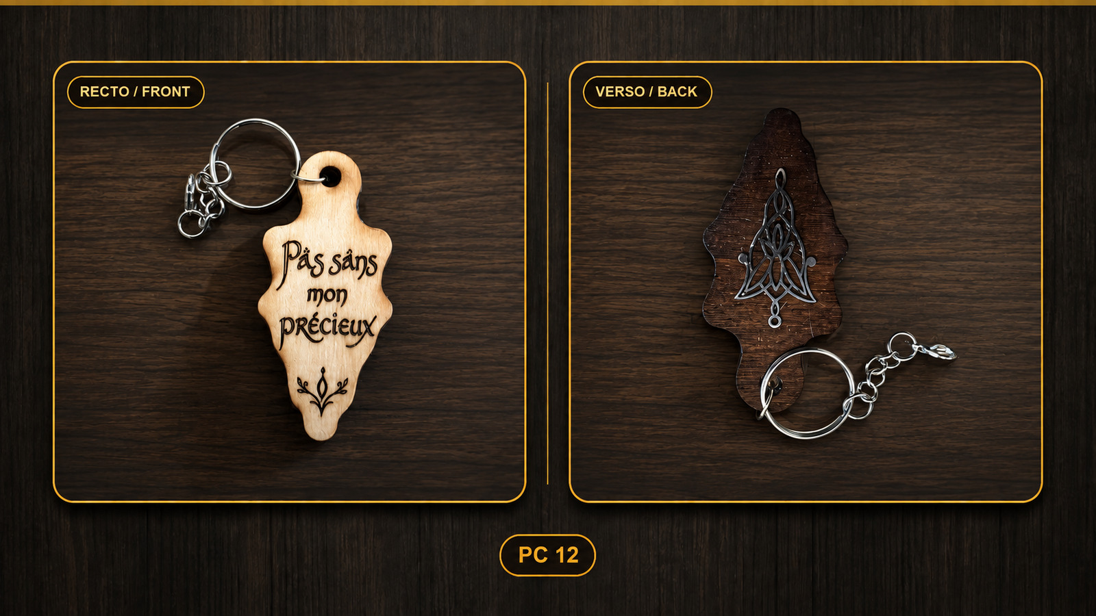 Référence PC 12 — porte-clés en bois, recto et verso
