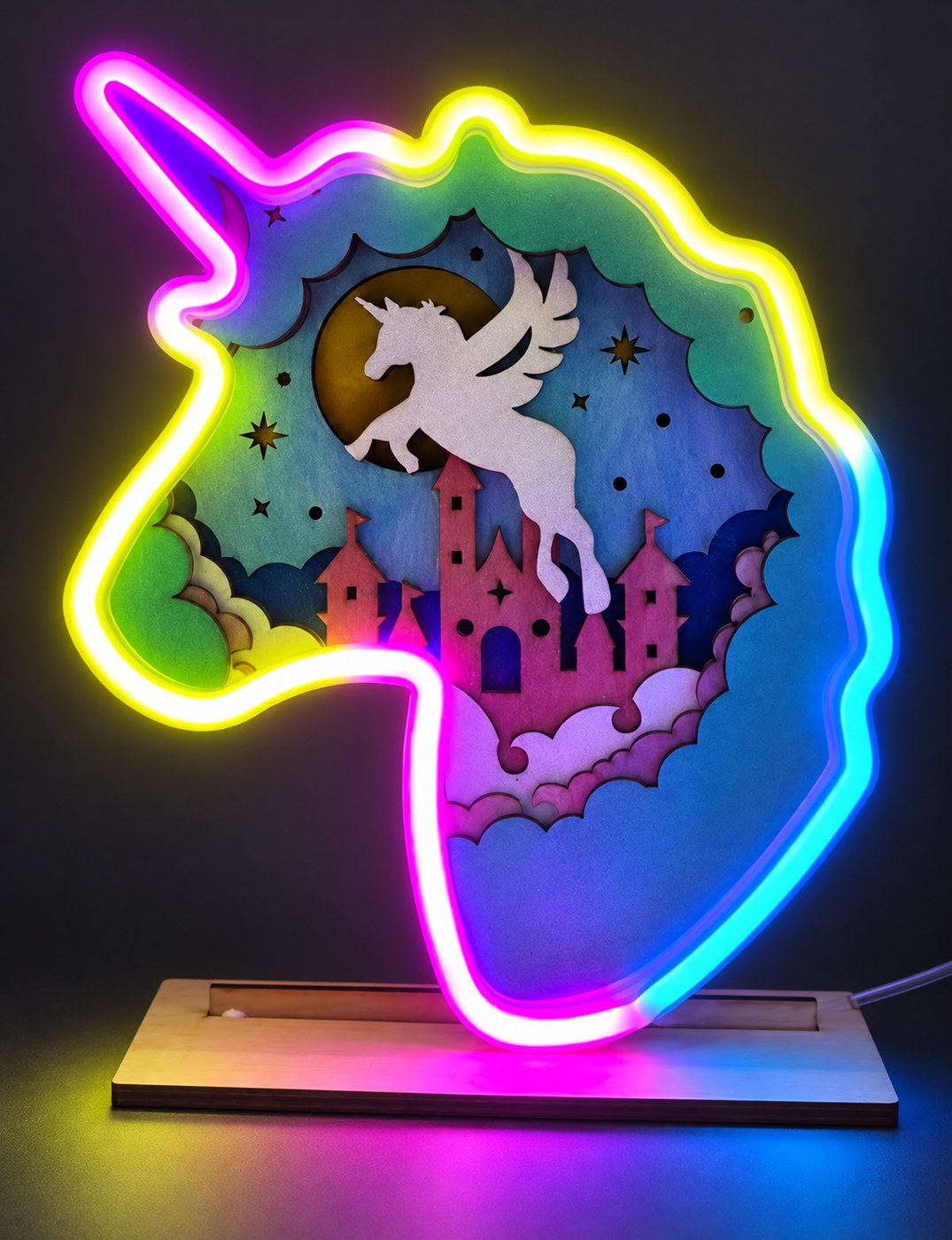 Lampe château et licorne ailée — allumée — AL 13b