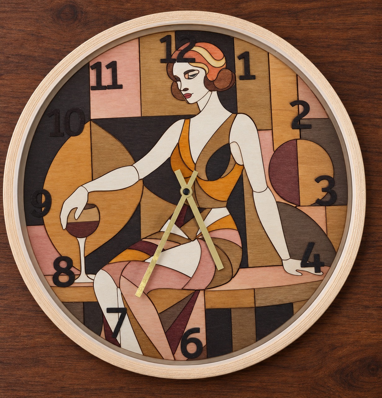 Référence HO 7 — horloge femme Art déco en marqueterie de bois avec façade en verre et cadre en bois, diamètre 37 cm