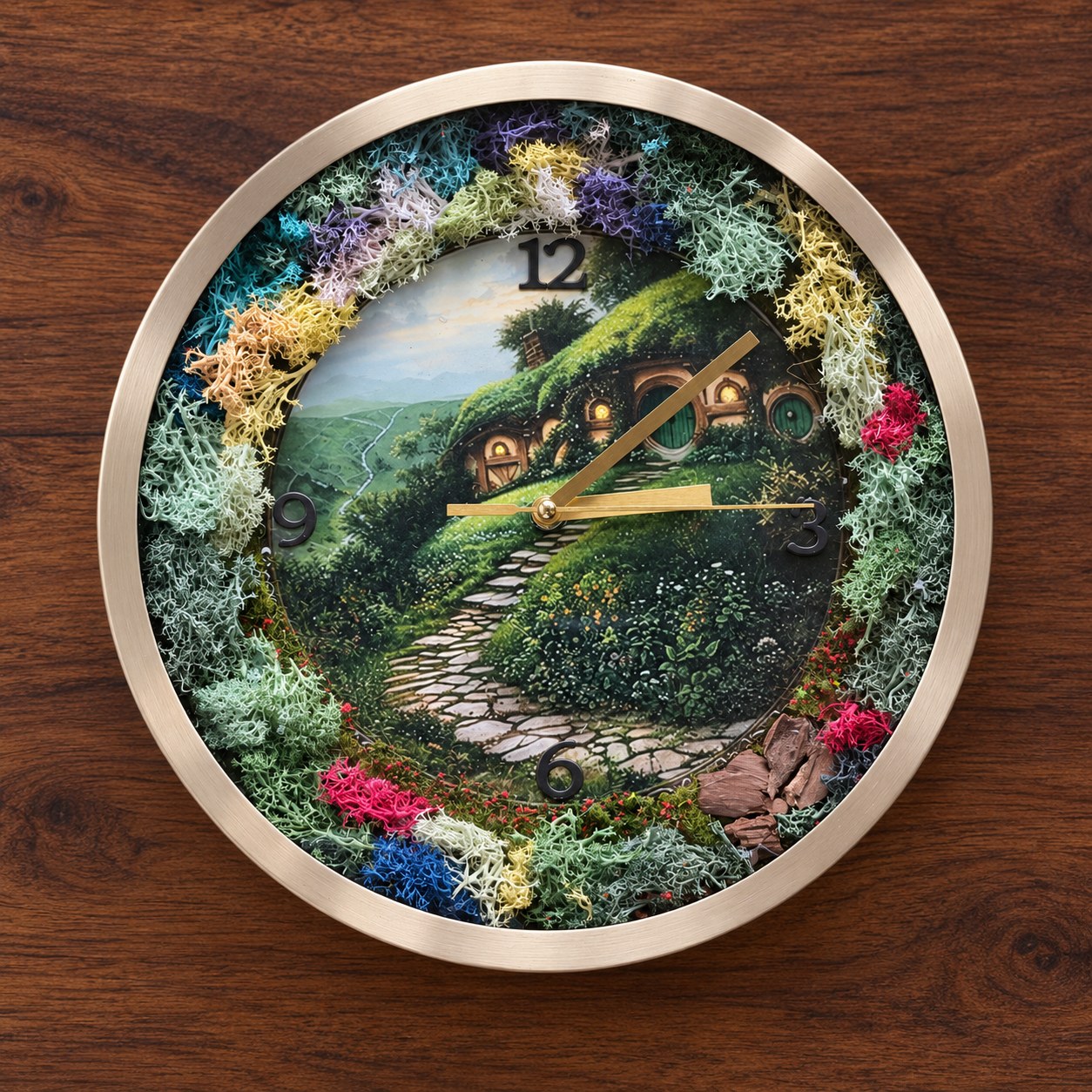 Référence HO 11 — horloge maison fantastique avec paysage verdoyant, lichen coloré et façade en verre, diamètre 28,3 cm