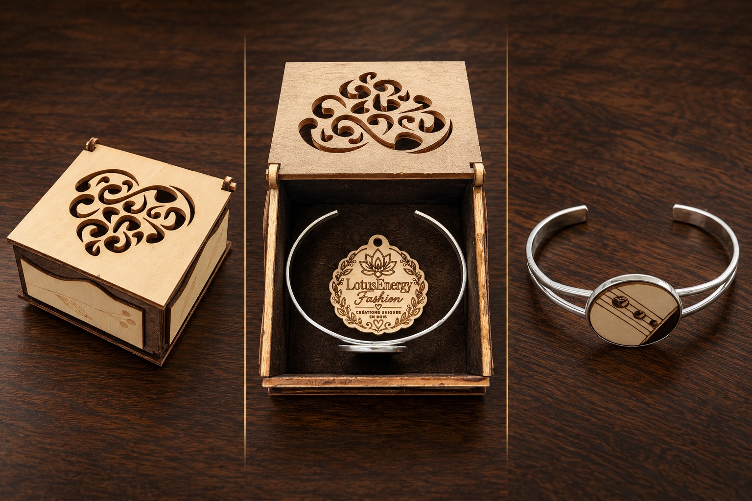 Référence BI 23 — bracelet manchette argenté à médaillon musical rond en bois bicolore, avec son coffret de présentation artisanal, présenté en trois vues
